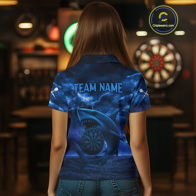 Women's Custom Darts Shirt - Cobalt Lightning Shark In Ocean With Dartboard And Arrow NYN0330