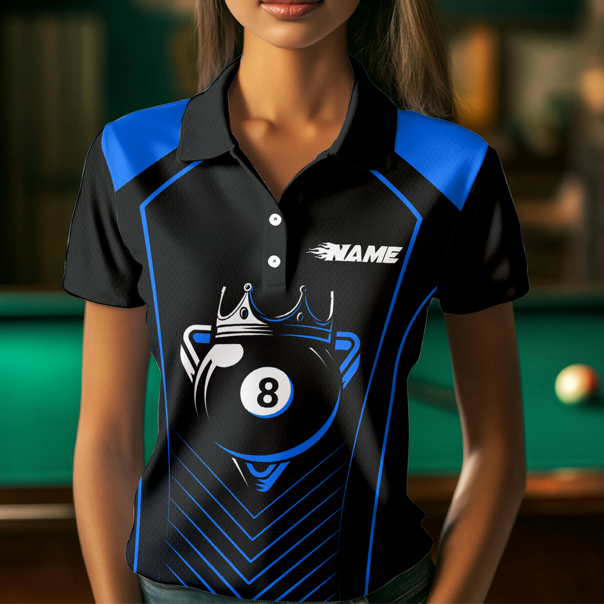 Customized Blue 8 Ball Pool Crown Women's Billiard Shirts, Billiard Team Shirts Polo & 1/4 Zip Shirts NNT37