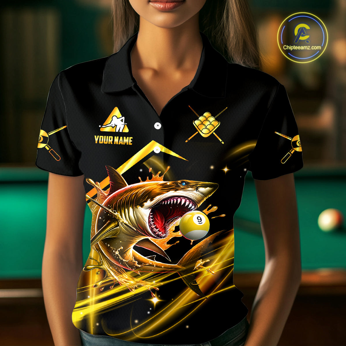 Yellow 9 Ball Pool Billiard Shark Polo & Quarter Zip For Women Custom Team League Billiard Jerseys TDM4475