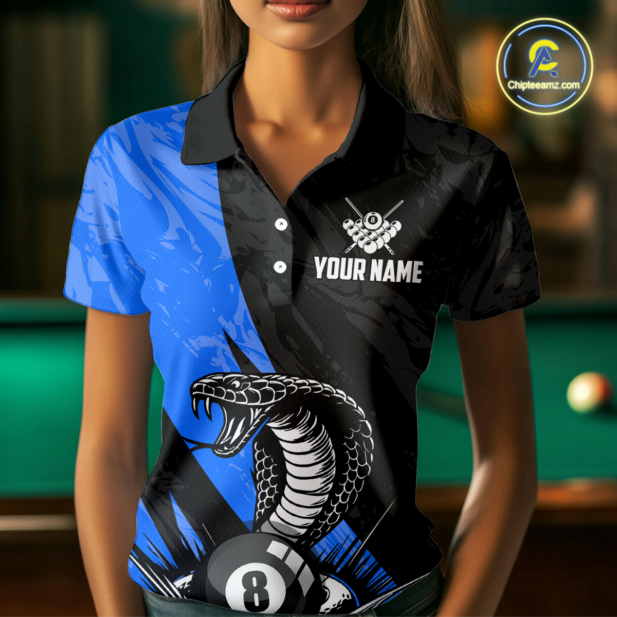 Custom Blue Cobra Snake 8 Ball Pool Billiard Shirts for Women Team Polo & 1/4 Zip Shirts NNT57