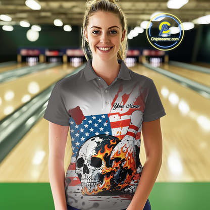 Custom American Flag Skull Flame Bowling Women Polo & 1/4 Zip Shirts Bowling Team Jerseys HNT91