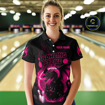 Pink Flame Dragon Bowling Shirt Custom Strike Bowling Team Jersey for Women Uniform QZT726