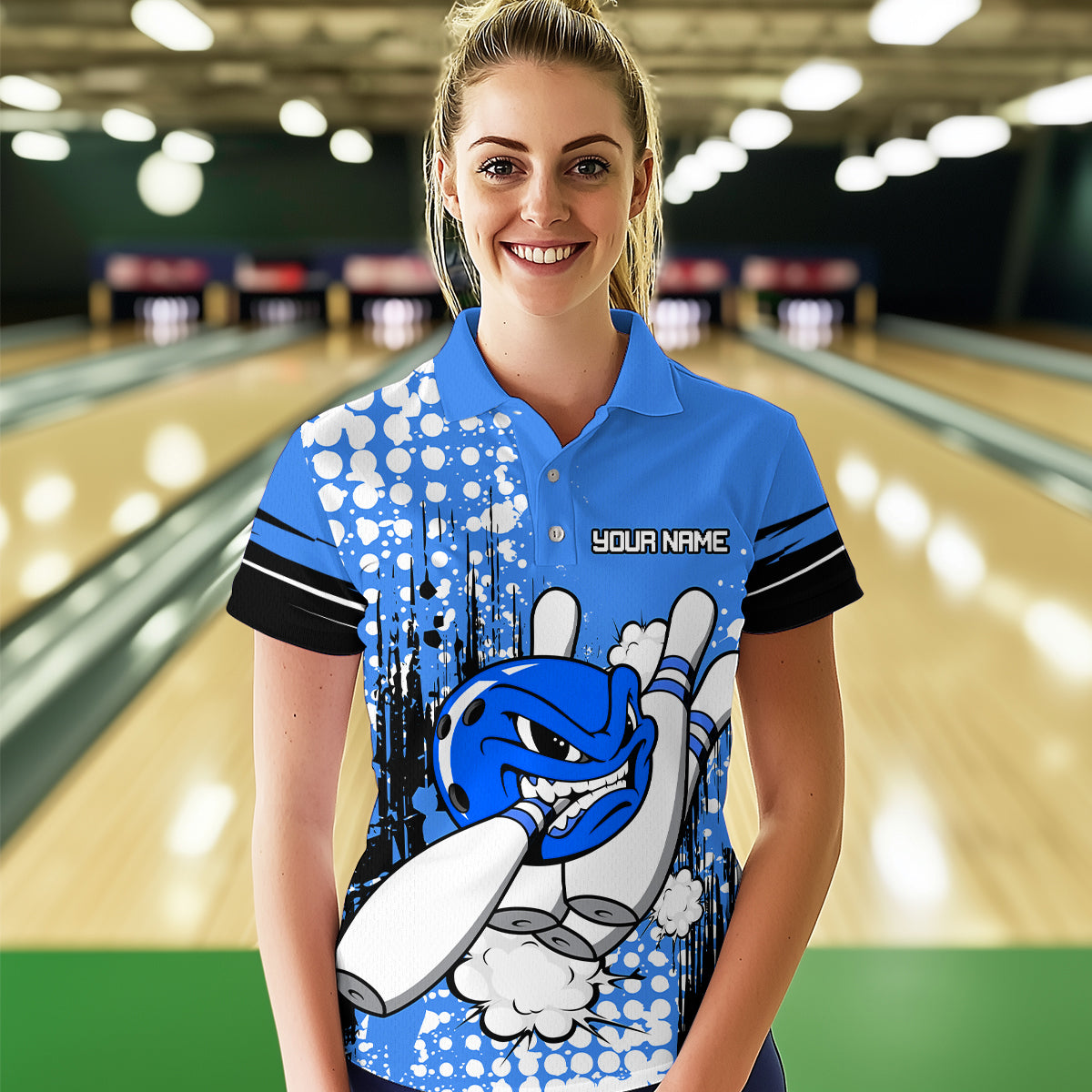 Personalized Blue Funny Crazy Bowling Shirt for Women Polo & Quarter-Zip Bowling Jersey with Team HNT03