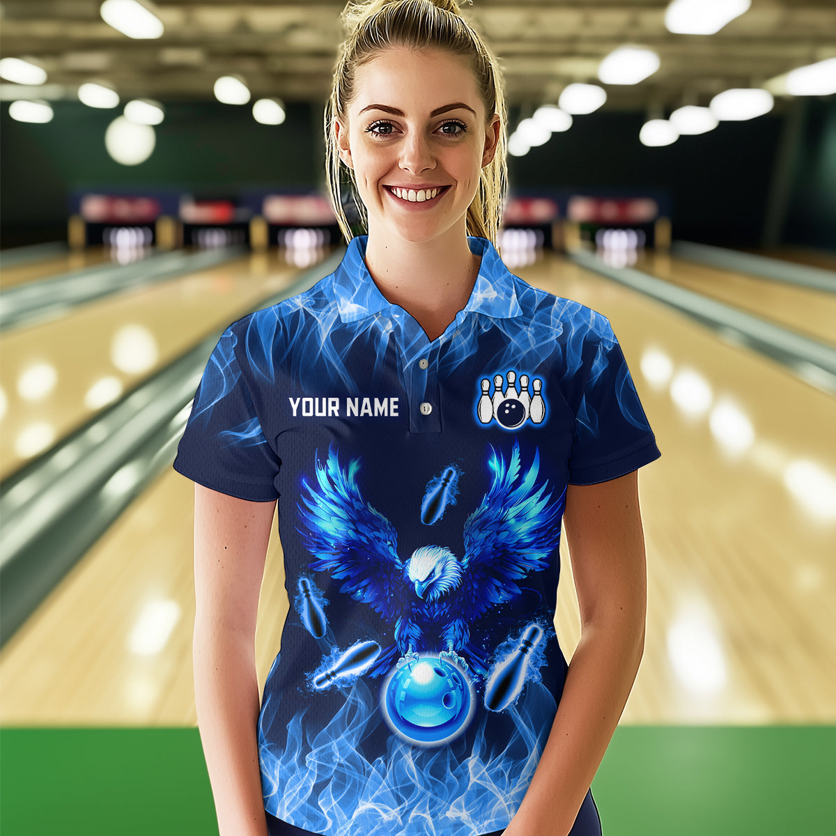 Blue Flame Eagle Custom Bowling Team Shirts For Women Fire Bowling League Polo & 1/4 Zip Shirt HNT09