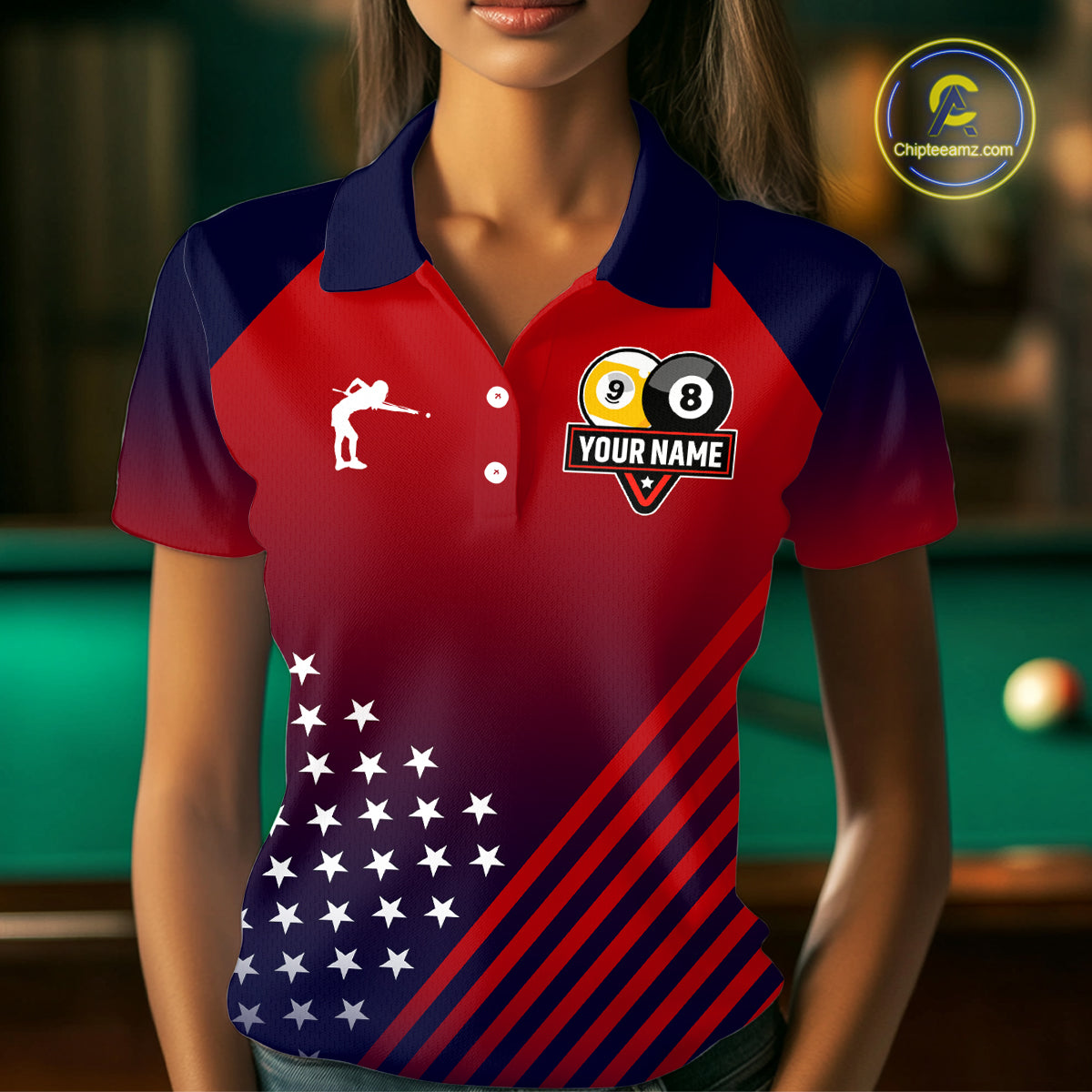 Personalized US Flag Billiard 8 Ball & 9 Ball Pool Polo, 1/4 Zip For Women, Billiard Team Jersey TDM3800