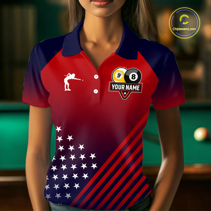 Personalized US Flag Billiard 8 Ball & 9 Ball Pool Polo, 1/4 Zip For Women, Billiard Team Jersey TDM3800