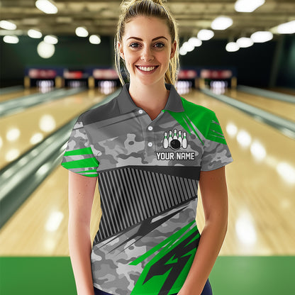 Green Camo Bowling Shirts for Women Men Custom Team Bowling Polo & 1/4 Zip Shirt MBL61