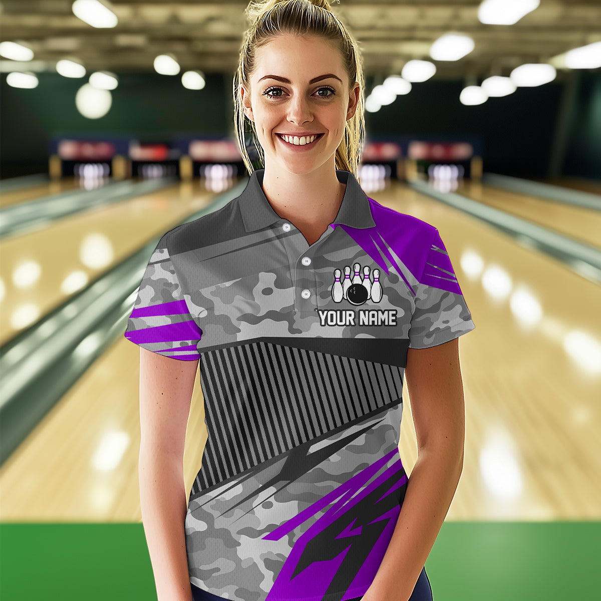 Purple Camo Bowling Shirts for Women Men Custom Team Bowling Polo & 1/4 Zip Shirt MBL61