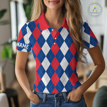 Load image into Gallery viewer, Women golf polo shirt custom red, white and blue argyle plaid pattern golf attire for ladies NQS9847