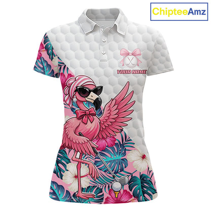 Pink Flamingo Golf Shirt For Women, Funny Tropical Patten Golf Polo Shirt, Ladies Golf Outfit For Team NHT730
