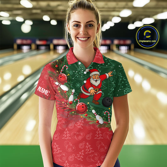 Christmas Santa Women Bowling Polo, Quarter Zip Shirt Custom Christmas Team Bowling outfit For Ladies NQS10342