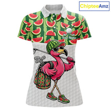 Load image into Gallery viewer, Golfing Flamingo Womens Funny Golf Polo Shirt Custom Green Pattern Watermelon Golf Ball Clothes Shirts NHT740