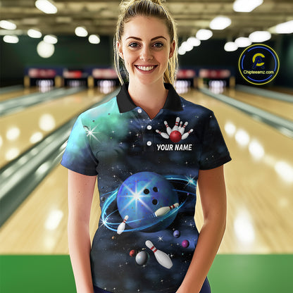 Blue Galaxy Bowling Shirts for Men Women Custom Team Bowling Polo and Quarter Zip MBL123