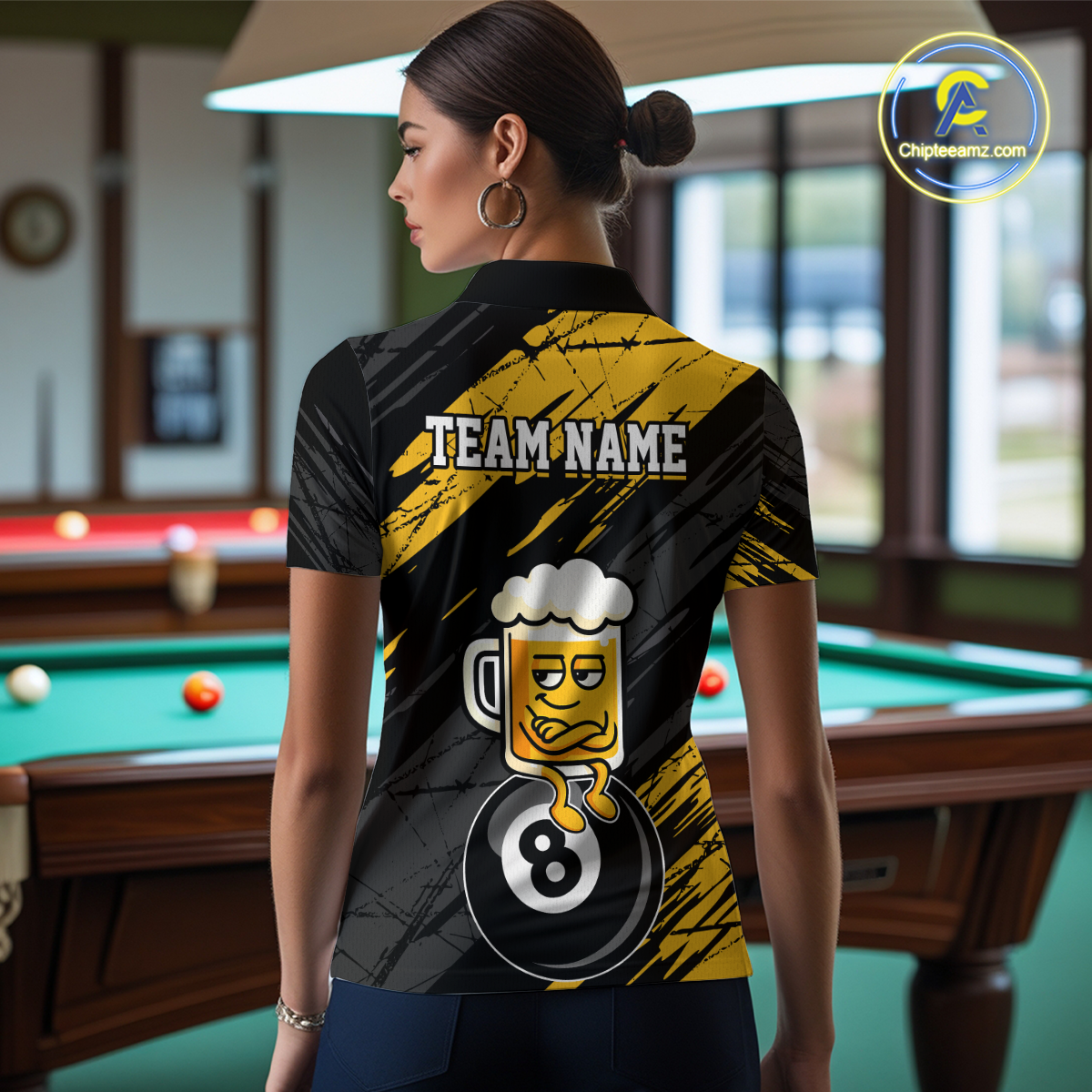 Custom Yellow Funny Beer 8 Ball Billiard Shirts for Men Billiard Team Shirts Polo & 1/4 Zip NNT78