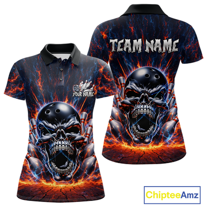Custom Skull Bowling Jersey for Women - Flaming Strike Personalize Bowling Team Shirt Polo & 1/4 Zip HNT215