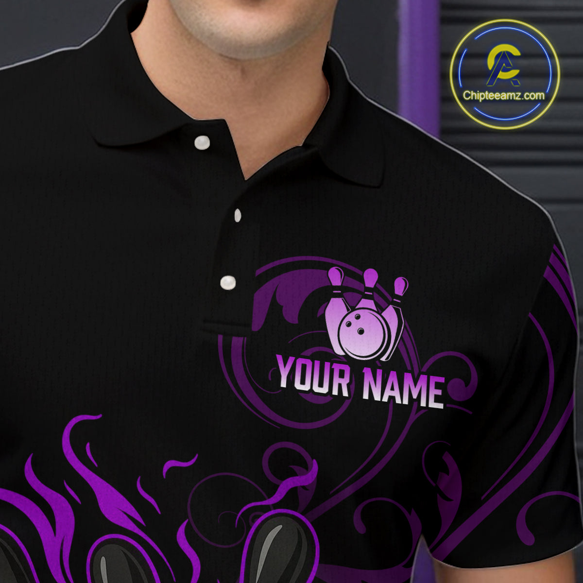 Black And Purple Flame Custom Dragon Bowling Team Shirts For Men, Bowling Uniform Outfit NQS9963
