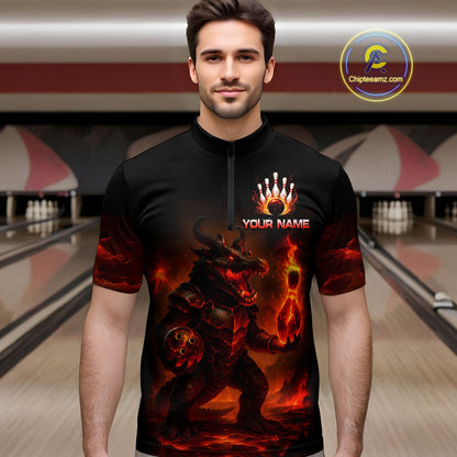 Personalized Red Flame Crocodile Bowling Team Shirt for Men Polo & Quarter-Zip Bowling Outfit QZT742