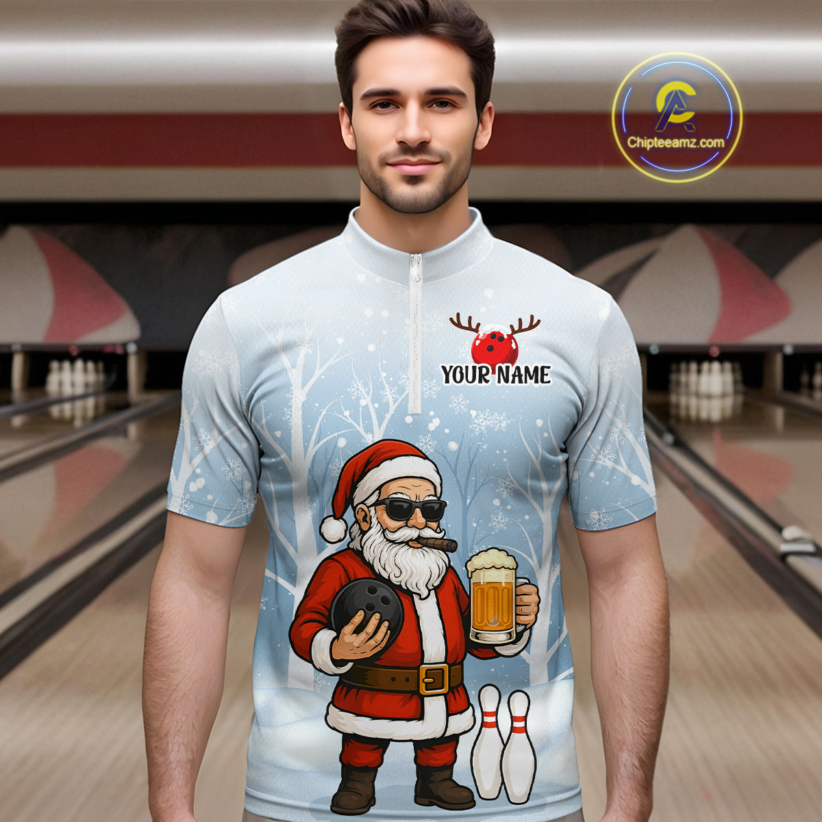 Funny Beer Santa Christmas Custom Bowling Jersey for Men Bowling Team Shirts Polo & 1/4 Zip HNT141