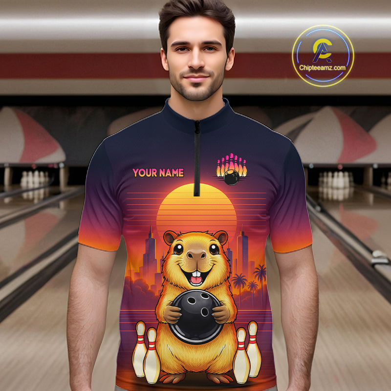 Custom Retro Capybara Bowling Jersey for Men Bowling Team Shirts Bowling Polo & 1/4 Zip HNT260