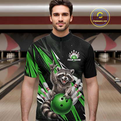 Custom Green Raccoon Bowling Jersey for Men Bowling Team Shirts Bowling Polo & 1/4 Zip HNT254