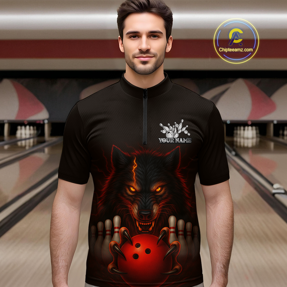 Red&Black Wolf Bowling Shirts for Team Women Men Custom Wolf Bowling Polo &1/4 Zip MBL196