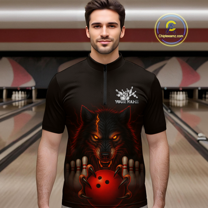 Red&Black Wolf Bowling Shirts for Team Women Men Custom Wolf Bowling Polo &1/4 Zip MBL196