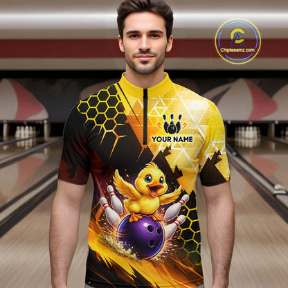 Custom Funny Duck Bowling Team Shirt for Men Yellow Bowling League Jersey Polo & 1/4 Bowling Outfit  QZT958