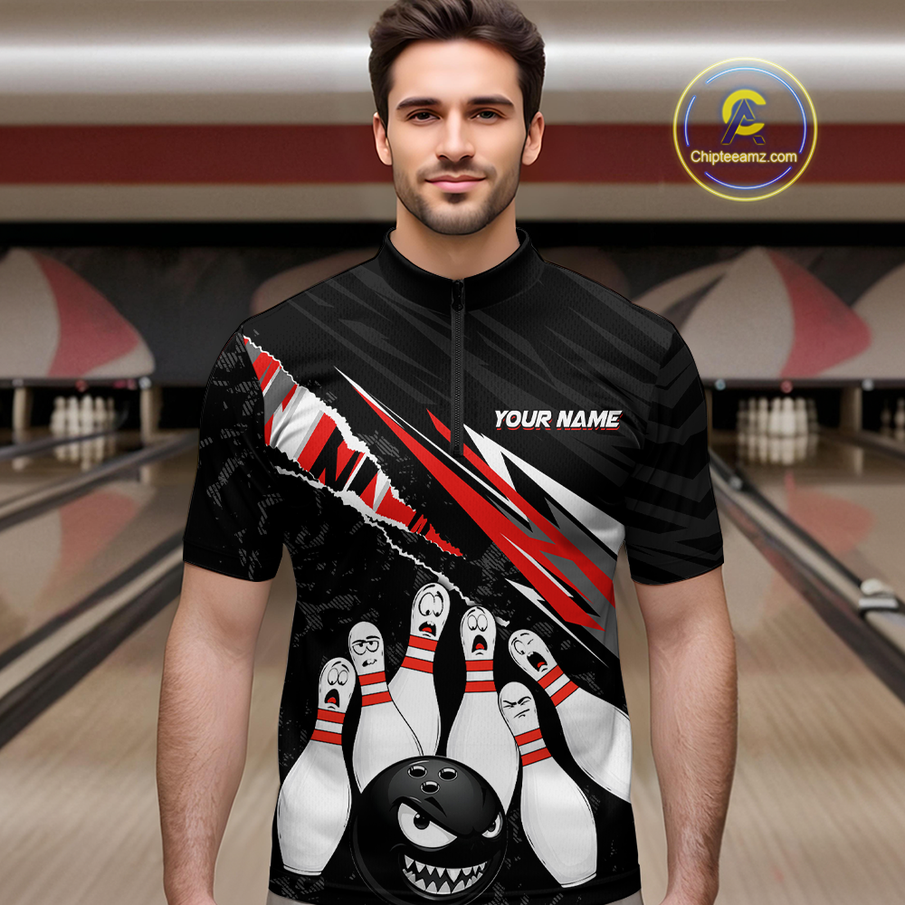 Custom Red Funny Bowling Jersey for Men Bowling Uniform Polo & 1/4 Zip Bowling Team Shirts HNT128