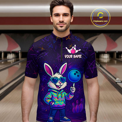 Custom Neon Funny Bunny Bowling Team Shirt Polo & 1/4 Zip Bowling Jersey for Men QZT789