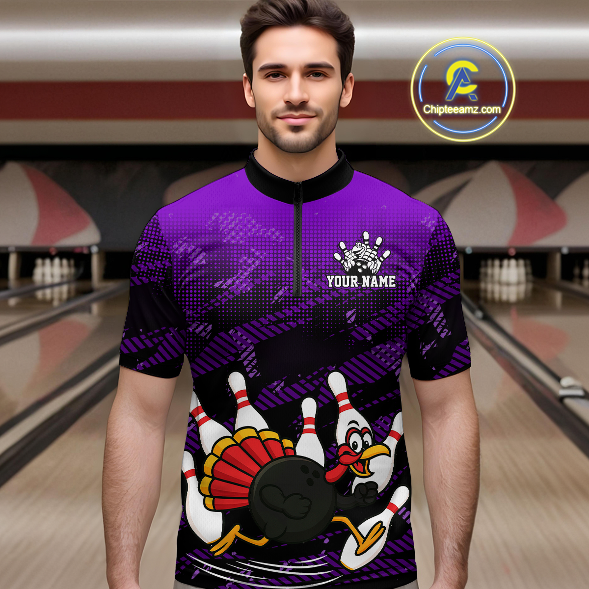 Custom Purple Funny Turkey Bowling Jersey for Men Thanksgiving Bowling Team Shirts Polo & 1/4 Zip HNT125