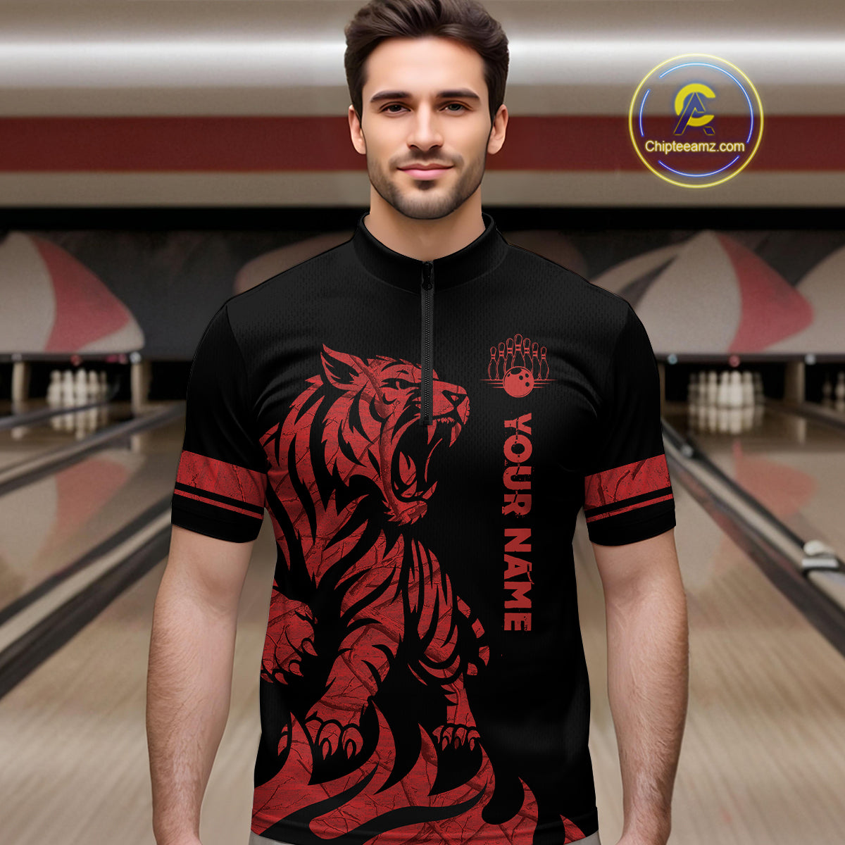 Red Tiger Bowling Shirts for Team Men Women Custom Bowling Jersey Polo & Quarter Zip Shirt MBL188