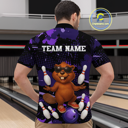 Custom Purple Funny Beaver Bowling Team Shirt Men Bowling League Jersey Polo Bowling Outfit QZT764