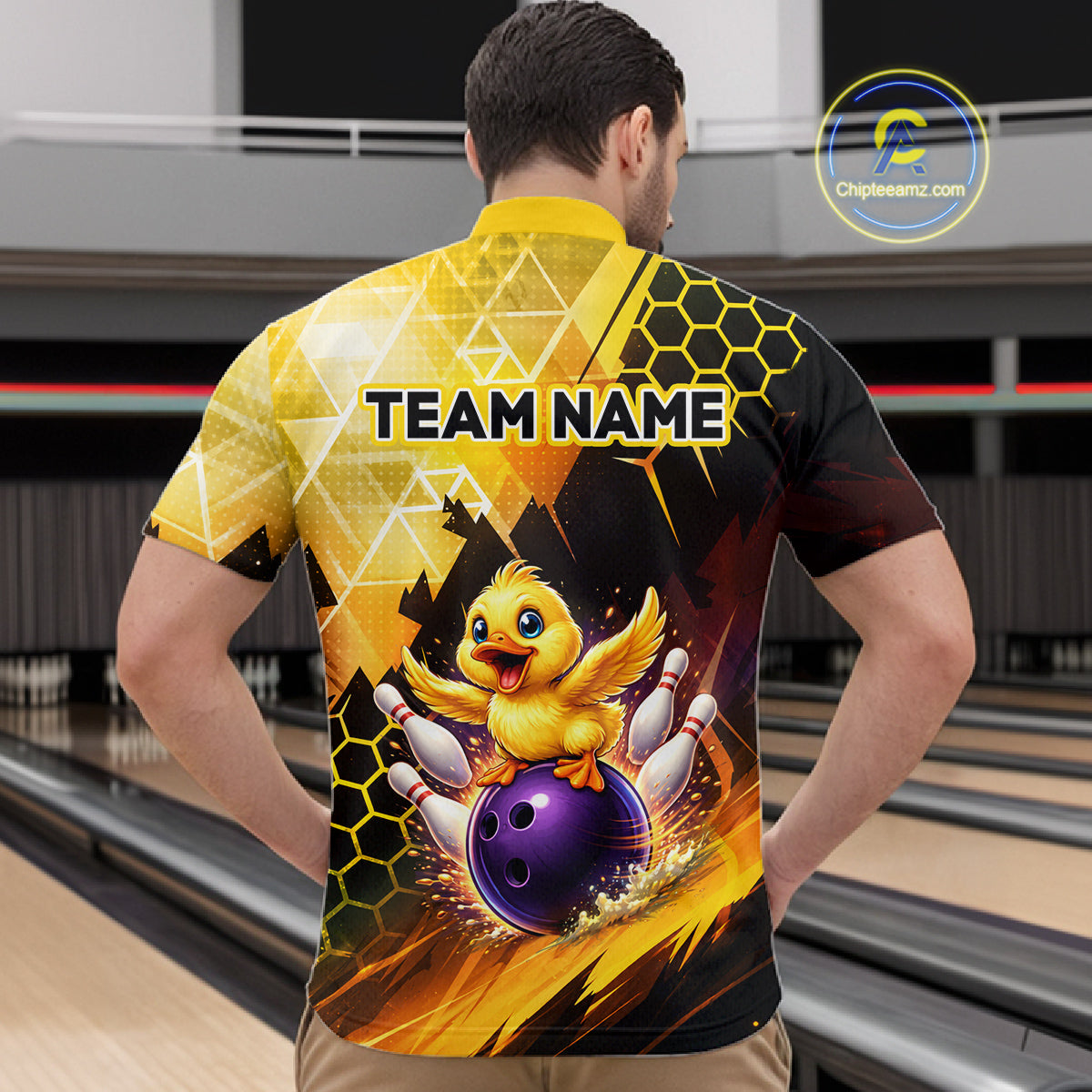 Custom Funny Duck Bowling Team Shirt for Men Yellow Bowling League Jersey Polo & 1/4 Bowling Outfit  QZT958