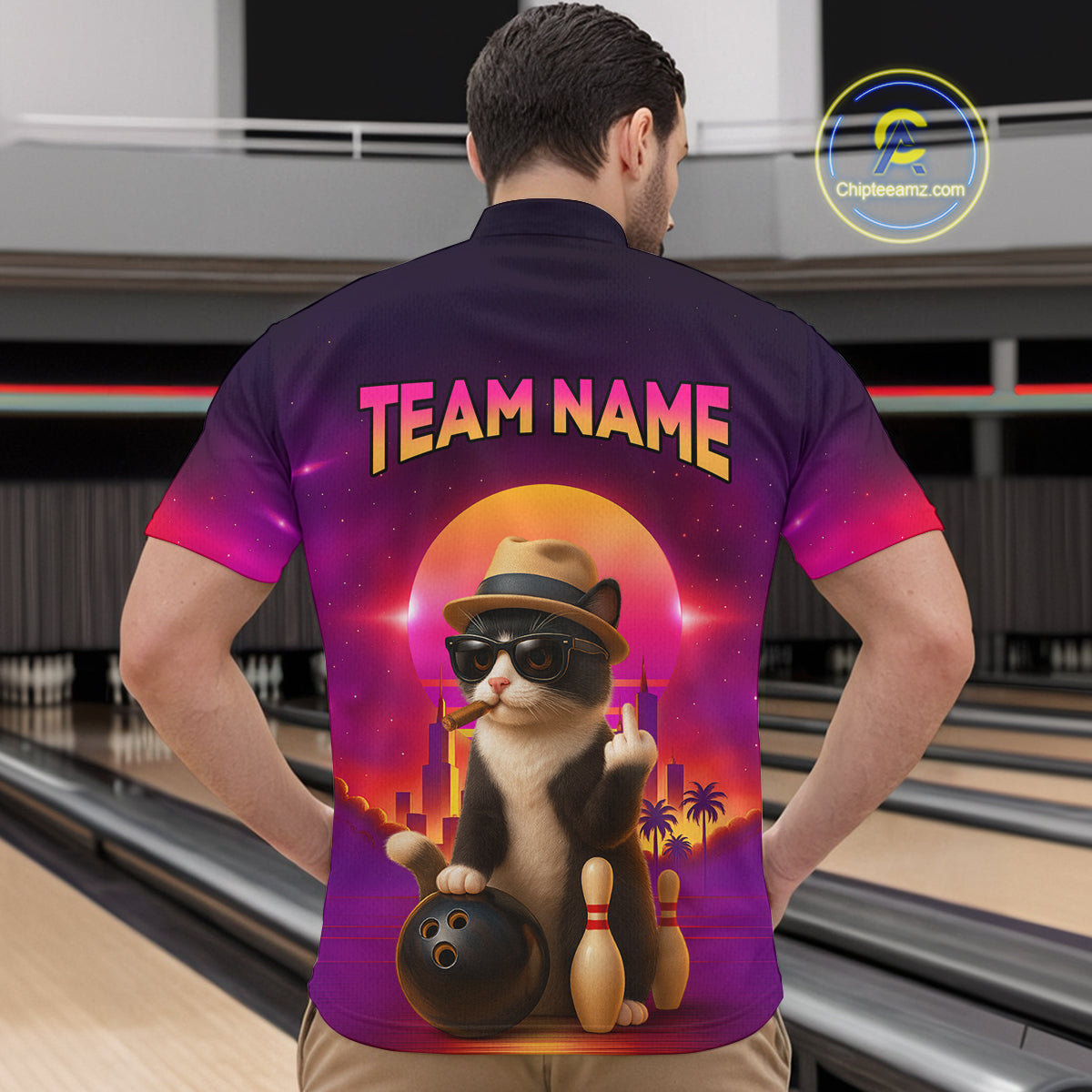 Custom Funny Cat Bowling Jersey for Men Bowling League Polo & 1/4 Zip Bowling Team Shirts HNT142