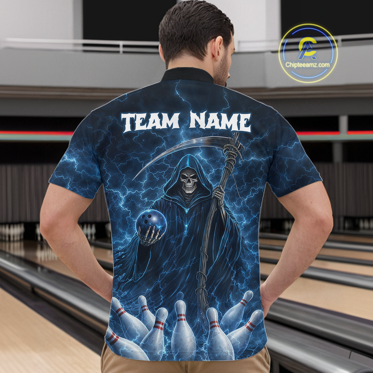 Blue Thunder Lightning Bowling Shirt for Men Bowling League Jersey Polo & Quarter-Zip Bowling Outfit QZT932