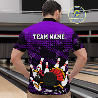 Custom Purple Funny Turkey Bowling Jersey for Men Thanksgiving Bowling Team Shirts Polo & 1/4 Zip HNT125