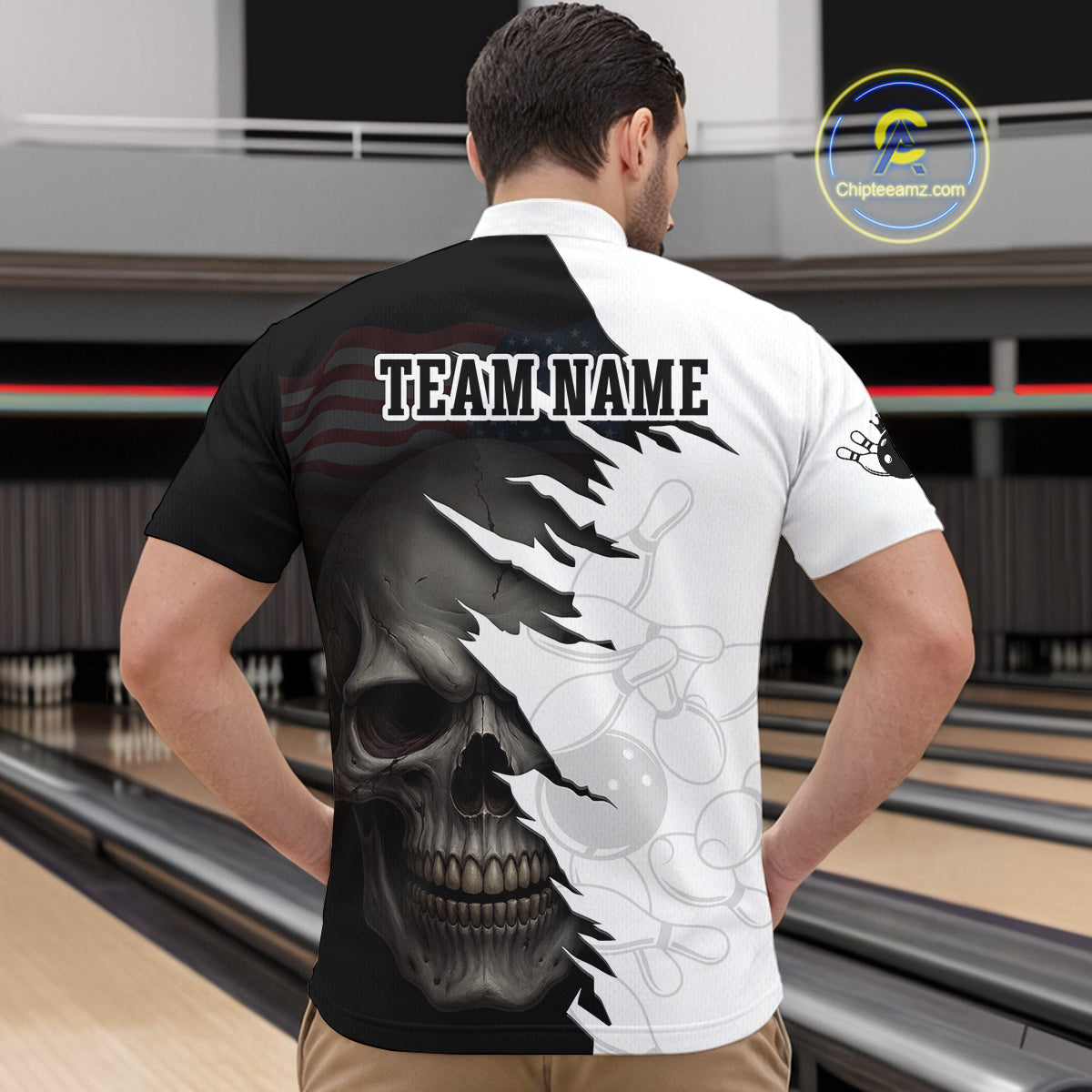 Custom Black White Skull Bowling Jersey for Men Bowling Polo & 1/4 Zip Bowling Team Shirts HNT111