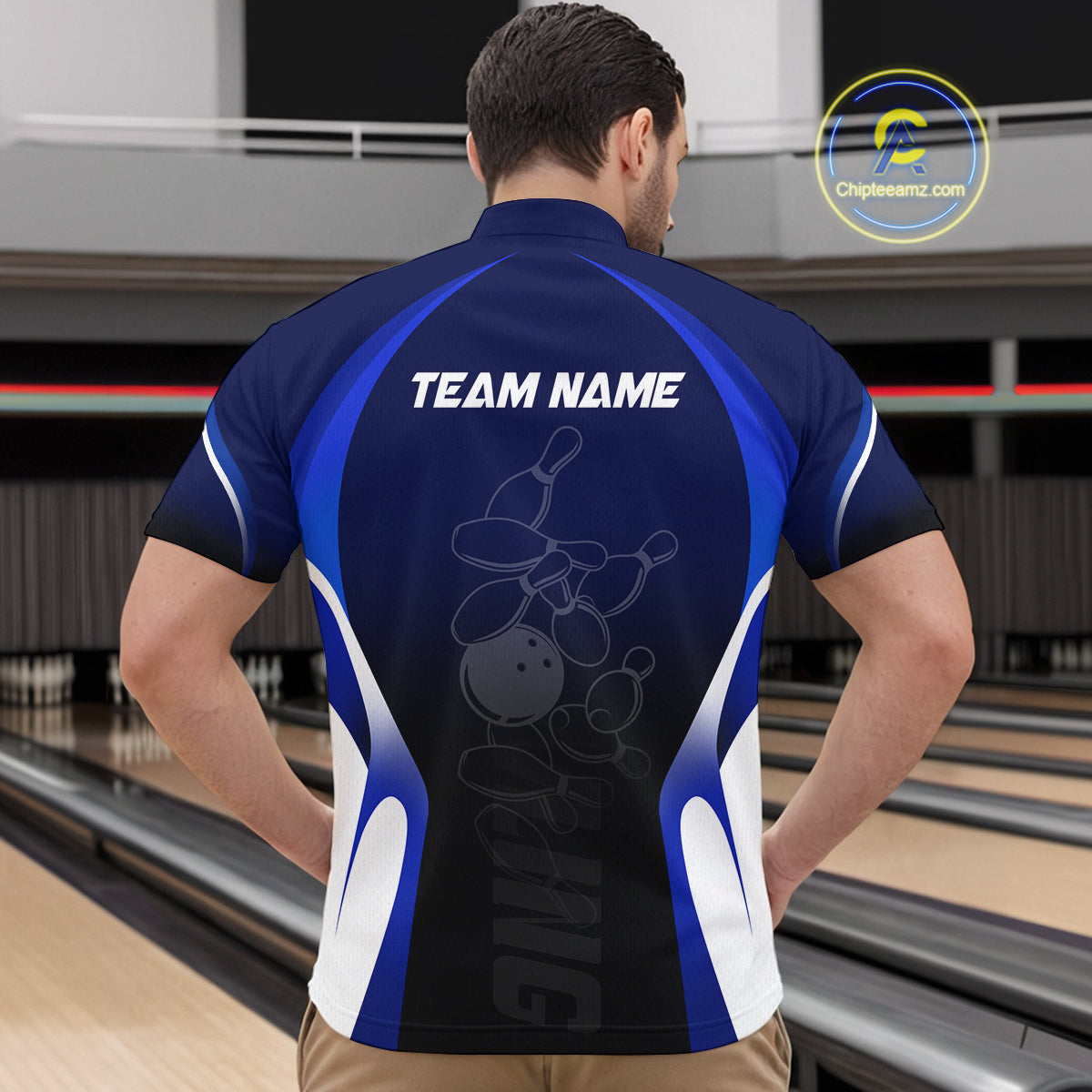 Custom Blue Bowling Shirt for Men Women Team Bowling Jerseys Polo 1/4 Zip MBL106