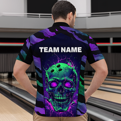 Black & Purple Skull Bowling Jersey Custom Quarter-Zip Bowling Team Shirt for Men Women QZT675