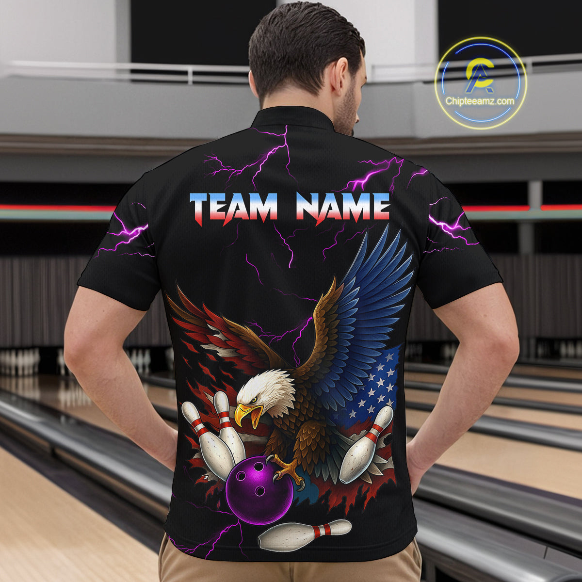 Purple Thunder US Flag Eagle Bowling Shirts for Men Team Bowling Polo & Quarter-Zip HNT96