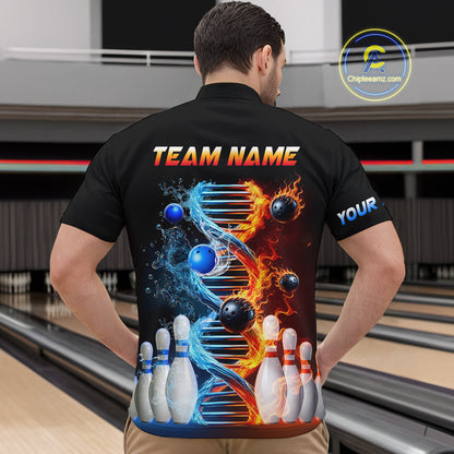 Man wearing custom ice and fire DNA bowling 1/4 zip shirt, back view mockup, personalized bowling league jersey.