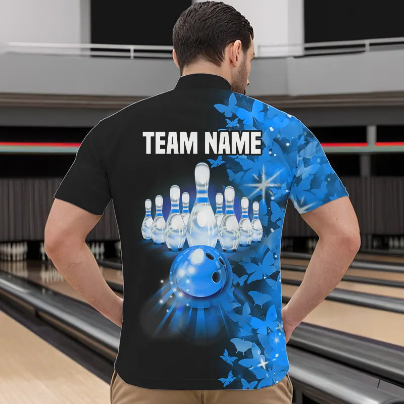 Blue Butterfly Bowling Shirts For Men Women Custom 1/4 Zip Bowling Jersey Team BDT505