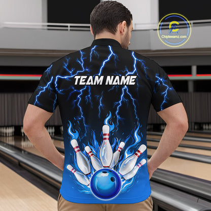 Blue Thunder Bowling Custom Men Bowling Shirt Polo & Quarter-Zip Bowling Team Shirts HNT71