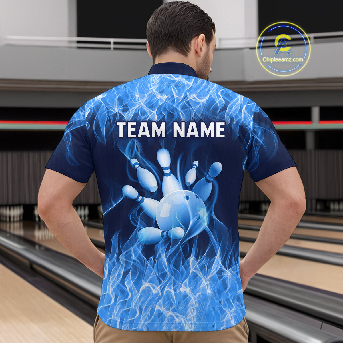 Custom Blue Flame Bowling Jersey for Men Polo & 1/4 Zip Bowling Team Shirts Bowling League HNT150