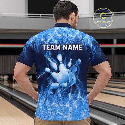 Custom Blue Flame Bowling Jersey for Men Polo & 1/4 Zip Bowling Team Shirts Bowling League HNT150