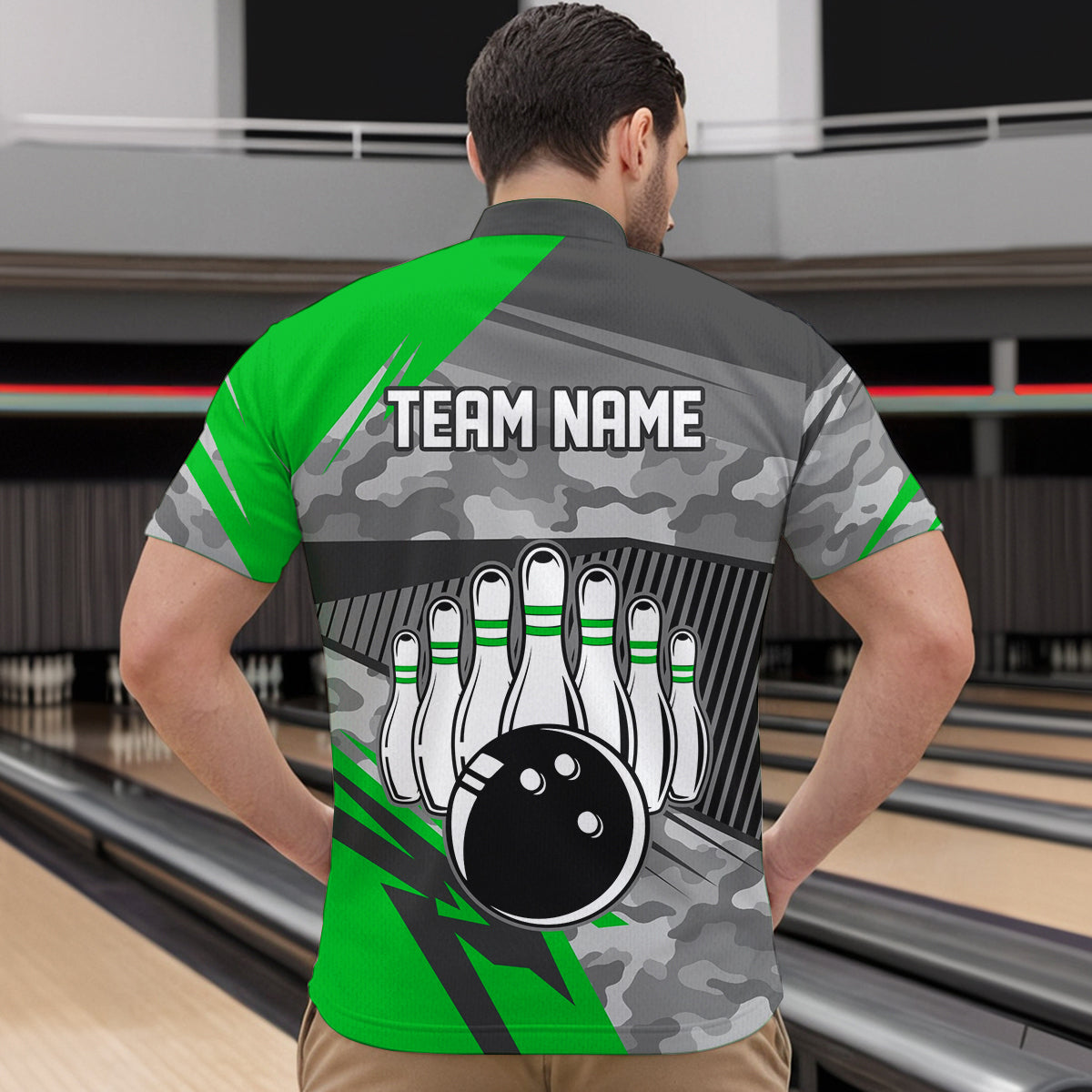 Green Camo Bowling Shirts for Women Men Custom Team Bowling Polo & 1/4 Zip Shirt MBL61