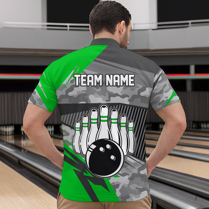 Green Camo Bowling Shirts for Women Men Custom Team Bowling Polo & 1/4 Zip Shirt MBL61