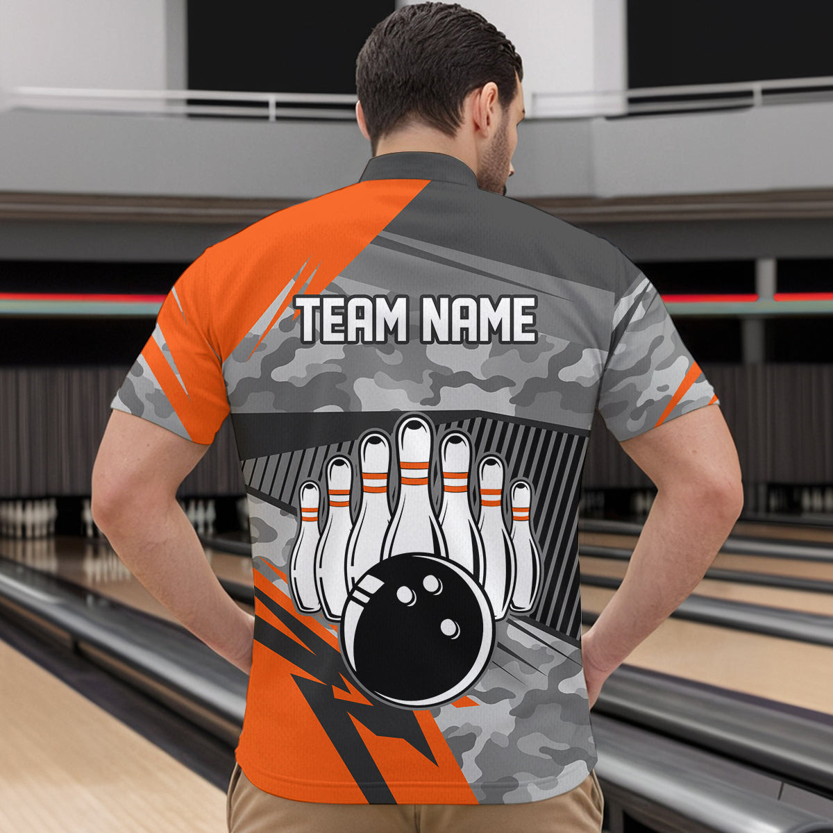 Orange Camo Bowling Shirts for Women Men Custom Team Bowling Polo & 1/4 Zip Shirt MBL61