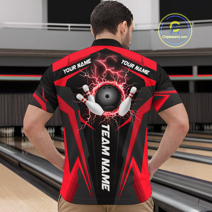 Black Mens bowling Polo, Quarter Zip shirt Custom lightning thunder team league bowling jerseys | Red NQS10373