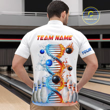 Load image into Gallery viewer, Man wearing custom ice and fire DNA bowling quatter-zip shirt, back view mockup, personalized bowling league jersey.